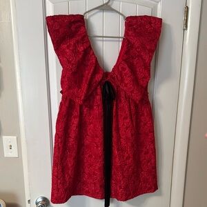 Sugarlips Red Flower Dress with Black Bow and Frilly Shoulders gameday hogs